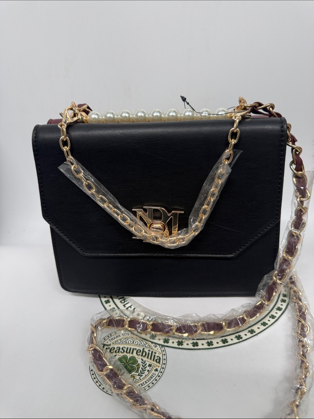 Badgley Mischka Black Double sided  Wine Crossbody Gold Chain and Pearl